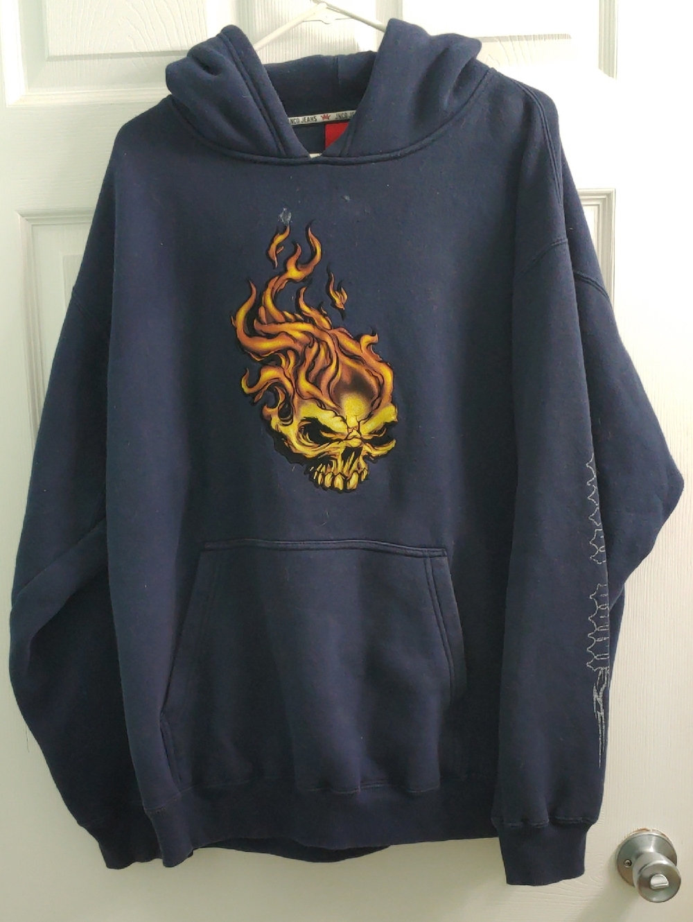 Vintage Y2K JNCO Hoodie Flaming Skull Streetwear Blue Pullover Unisex Size XXL